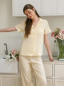 Snug Zone Plaid Printed Pajama Set Women Short Sleeves Top And Elastic Waist Pants, Lounge Set - Yellow - View 4