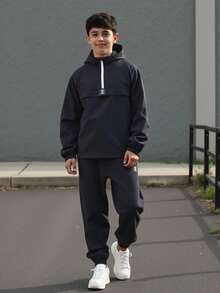 SHEIN 2pcs Tween Boys Semi-Open Hooded Jacket And Tapered Pants Set, Casual Sports Style For Autumn/Winter - Black - View 6