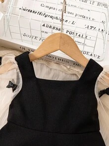 2pcs Mommy And Me Matching Outfits, Cute & Elegant Color Block Bowknot Long Sleeve Dress For Baby Girl (Sold Separately) Elegant Black Dress For Toddler Black Elegant Dress For Toddler Baby Black Elegant Dress Baby Elegant Dress Party Black Mom Daughter Matching Dress