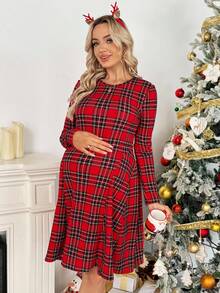 SHEIN Christmas Autumn And Winter Maternity Dress Maternity Christmas Plaid Long Sleeve Dress Fall - Red - View 5