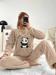 SHEIN Cottnline Women's Panda Embroidered Top And Pants Pajama Set - Camel - View 5