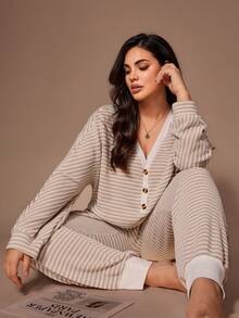 Lazeform Plus Size Women Jacquard Striped Casual Half-Zip Long Sleeve Top And Pants Loungewear Set, Cozy Outfit, Fall Winter Clothes