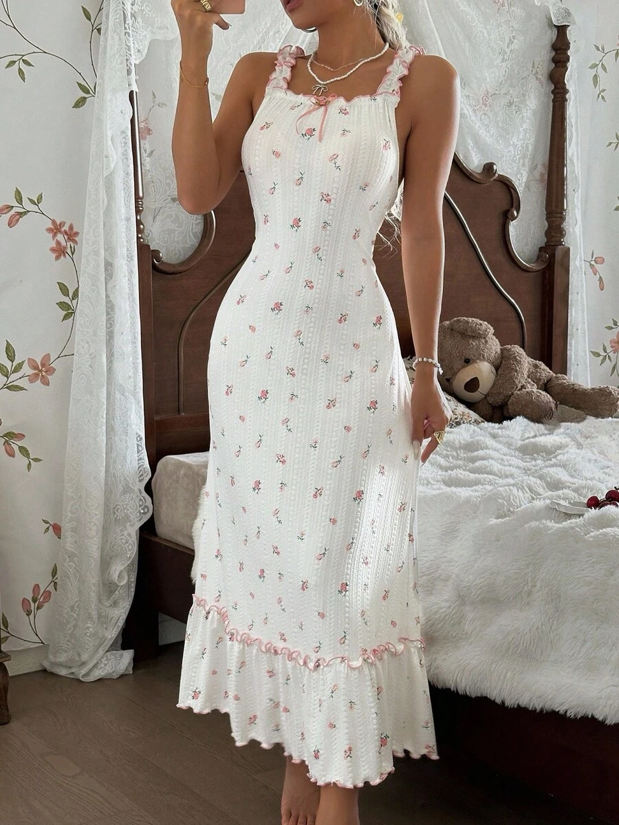 CottageSlumber Camisón largo informal con volantes en el bajo y estampado floral de jacquard para mujeres - Blanco - Ver 1