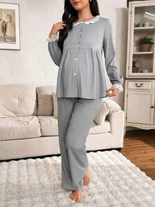 Moonlight&Mama Conjunto de pijama de maternidad con top de cuello Peter Pan de encaje y parches y pantalones acampanados, ropa de otoño e invierno - Gris Claro - Ver 7