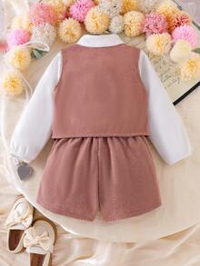 SHEIN 3件套女童长袖翻领休闲衬衫、精致珍珠纽扣背心外套、短裤套装，现代风格儿童服装，春秋冬装 - 咖啡棕 - 查看 2