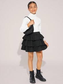 Radiana Tween 女童休闲纯色荷叶边下摆蛋糕裙 - 黑色 - 查看 5