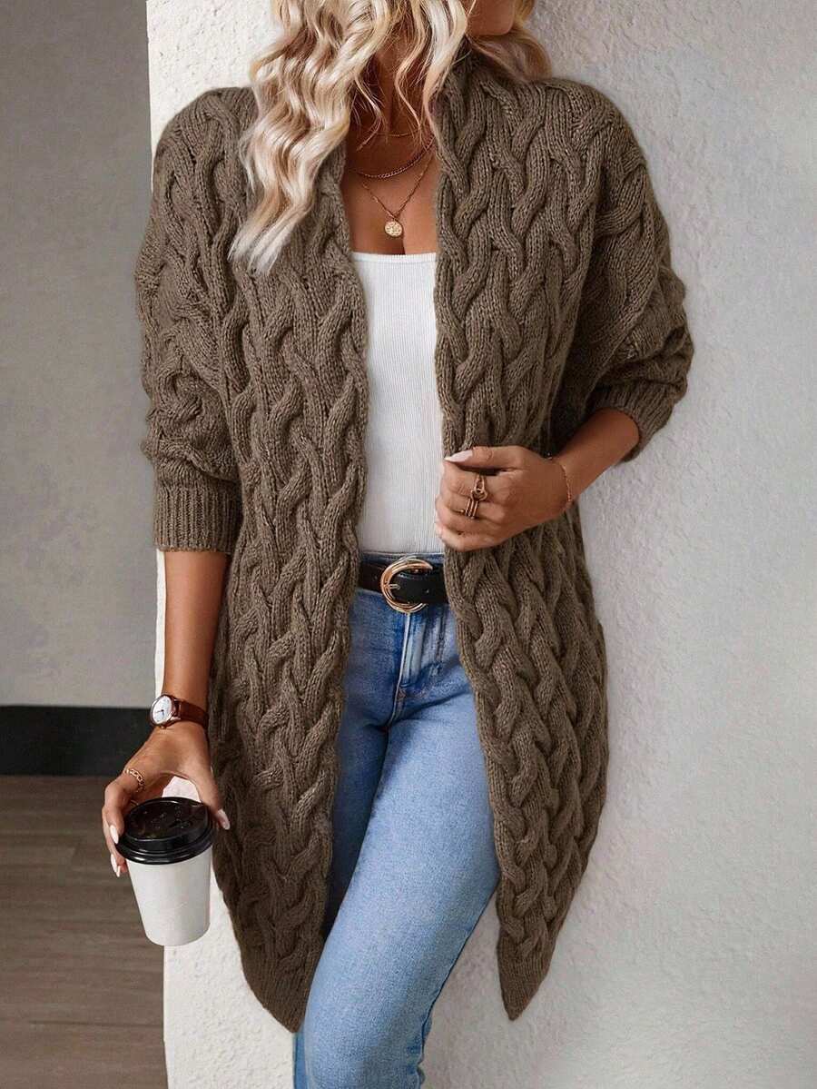 EMERY ROSE Women's Casual Loose Fit Drop Shoulder Long Sleeve Knitted Cardigan, Autumn/Winter - Brown - View 1