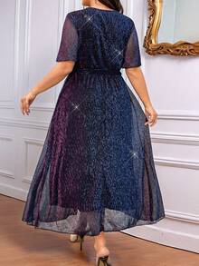 SHEIN CURVE+ Vestido midi de línea A con cuello en V profundo, cintura con efecto ombre y brillo, para mujer de talla grande, para uso en fiestas