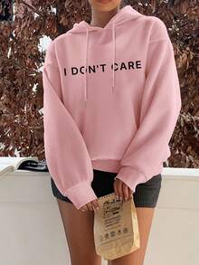 SHEIN EZwear Áo nỉ in chữ "Tôi không quan tâm" theo phong cách tối giản, dáng rộng, chất liệu nỉ dày dặn, thích hợp cho nữ, mùa thu/đông và dịp Giáng sinh. - Màu Hồng baby - Xem 4