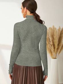 Modelyn 纯色高领合身纽扣装饰优雅长袖套头衫 - 灰色 - 查看 2