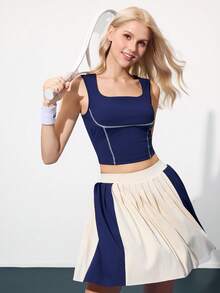 SHEIN Sports Square Neck Stitching Tight Fit Women Sports Bra - Navy Blue - View 4