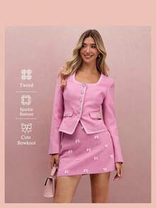 Enchnt 女士方领长袖单排扣时尚优雅夹克 - 粉色 - 查看 2