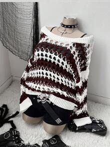 Sunspun Suéter de punto calado de estilo oscuro Y2K para mujer de talla grande, con patrón de ganchillo blanco y negro, adecuado para primavera, verano, otoño, vacaciones y vuelta al colegio - Café integral - Ver 1