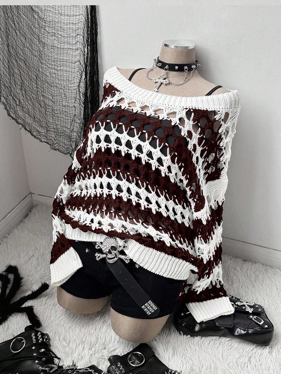 Sunspun Suéter de punto calado de estilo oscuro Y2K para mujer de talla grande, con patrón de ganchillo blanco y negro, adecuado para primavera, verano, otoño, vacaciones y vuelta al colegio - Café integral - Ver 1