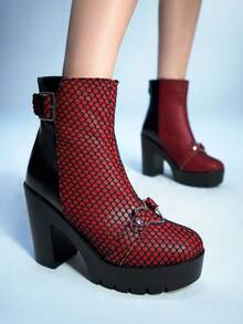 Sugerpunk Women's Gothic Round Toe Chunky Heel Platform Punk Boots, Suede & PU Patchwork, Black High Heel Boots Suitable For Party, Daily Wear, Evening Dress, Height Increasing And Leg Lengthening - Black - View 1