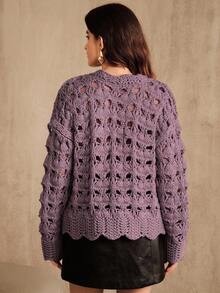 Anewsta 女式美拉德镂空冰岛纱线圆领波浪下摆设计毛衣上衣，适合感恩节、圣诞节、新年、秋冬季、派对、优雅、奢华、正式、时尚、万圣节等场合。 - 淡紫色 - 查看 2