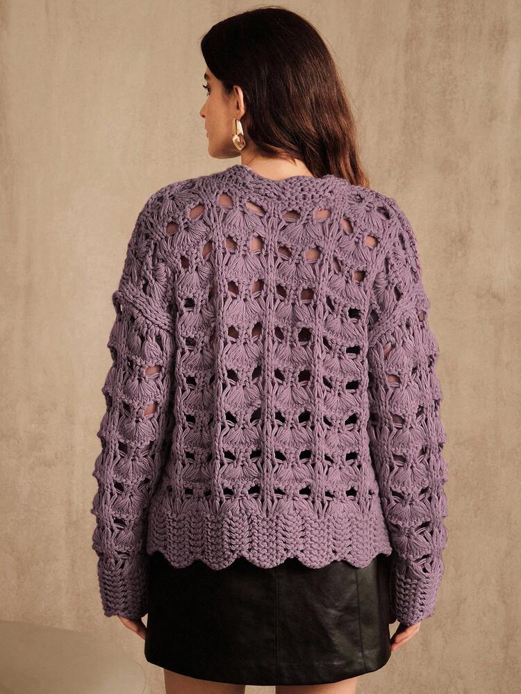 Maglione da donna con scollo a ciambella, in filato islandese traforato, con design a orlo ondulato, adatto per il Ringraziamento, il Natale, il Capodanno, l'autunno/inverno, feste, elegante, di lusso, formale, chic, Ognissanti