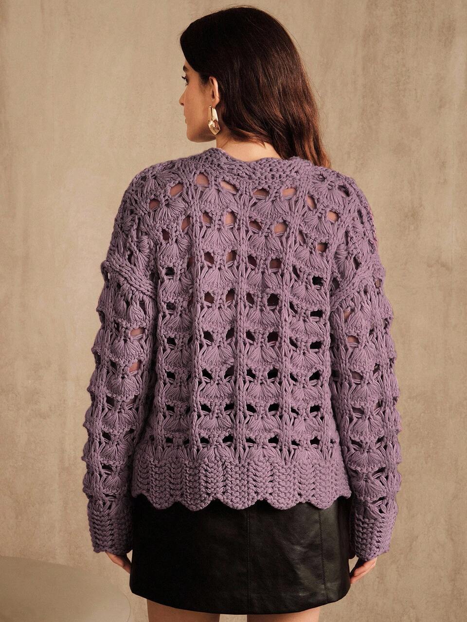 Women's Mauve Purple Hollow-Out Icelandic Yarn Crew Neck Sweater,Autumn Casual Everyday Wavy Hem Design Top,Elegant Formal Christmas Party Knitwear