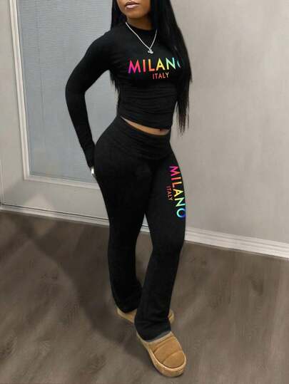 Slaydiva 女士秋装/女士冬装/两件套西装/喇叭牛仔裤/长袖上衣/休闲圆领长袖瑜伽裤短款褶皱上衣瑜伽阔腿裤喇叭裤女士两件套西装/Y2k 服装/街头服饰/女士外出上衣/彩色米兰意大利字母图案