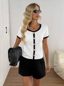 Easowa 女式休闲撞色短袖T恤，夏季 - 卡其色 - 查看 3