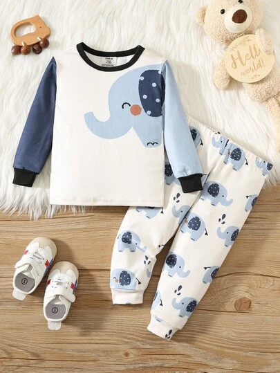 SHEIN 2 st babypojke/flicka tecknat djurtryck åtsittande passform rund halsringning långärmad topp och byxor bekväm avslappnad pyjamasset