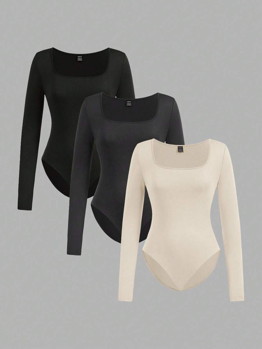 SHEIN EZwear Conjunto de 3 piezas para mujer con cuello cuadrado, manga larga y ajuste ceñido, adecuado para otoño/invierno - Multicolor - Ver 1