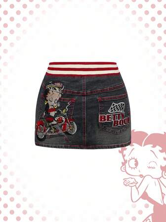 Betty Boop | ROMWE Jupe mini en jean côtelée à la taille avec une figure de motard de style Y2K et une broderie graphique chic