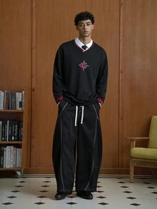 TOKVUE Men Casual Contrast Stitching Drawstring Waist Wide Leg Pants, Fall - Black - View 2