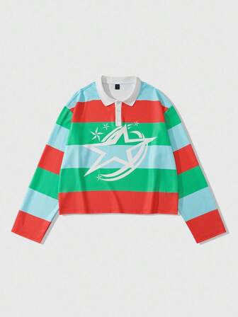 Street Life قميص بولو بأكمام طويلة وتصميم فضفاض مخطط بنجوم، للخريف