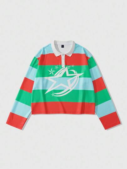 Street Life Men's Loose Fit Preppy Long Sleeve Striped Star Pattern Polo Shirt, For Fall