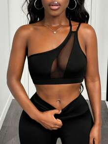 Slaydiva 單肩網眼插入運動胸衣，女式網球裝 - 黑色 - 查看 4