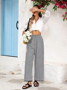 Vivid Eden 女士休闲度假风印花纸袋腰宽松阔腿裤 - 黑與白 - 查看 1