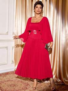 Cravure Christmas Ruffle Sleeve Pleated Flare Dress - Red - View 7