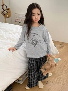 DAZY 2 件套年轻女孩针织印花长袖 T 恤 + 编织格子裤睡衣套装，秋季 - 灰色 - 查看 3