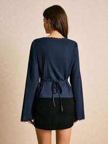 Poéselle 女式纯色 V 领喇叭袖优雅时尚衬衫 - 藏蓝色 - 查看 6