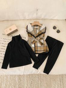 SHEIN 5 件套女婴都市时尚格子夹克、打底上衣和裤子套装，适合休闲、派对、节日、圣诞节