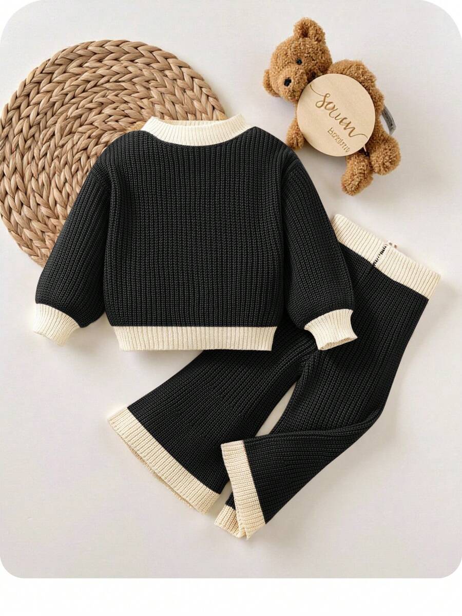 SHEIN Bộ 2 áo len phối màu và quần len lưng thun rộng cho bé gái, Thu/Đông - màu đen - Xem 1