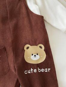 男婴可爱休闲百搭针织长袖上衣和卡通图案围兜裤套装 - 白色 - 查看 5