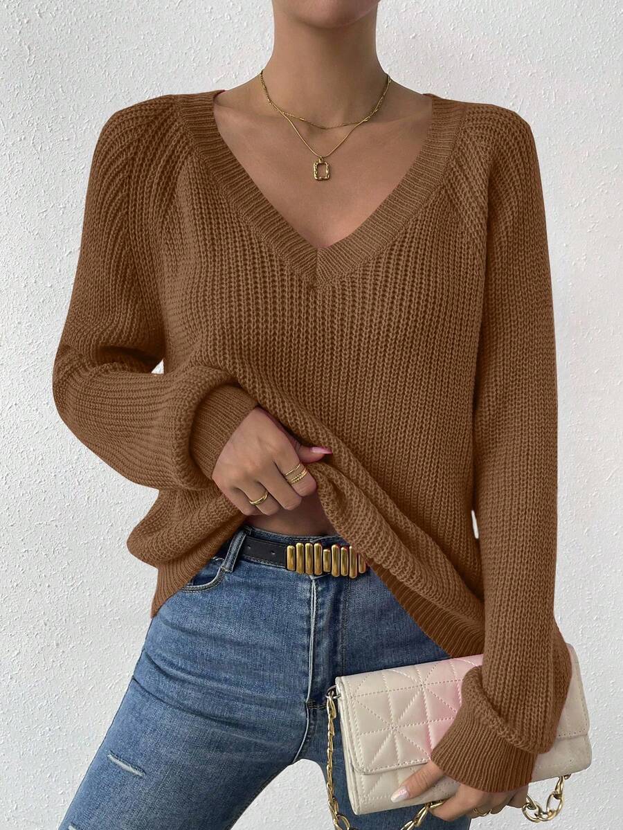 EMERY ROSE Áo len nữ tay raglan cổ chữ V trơn màu thường ngày, Thu/Đông - Màu Tím - Xem 1