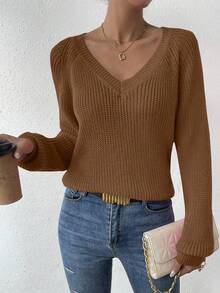 EMERY ROSE Áo len nữ tay raglan cổ chữ V trơn màu thường ngày, Thu/Đông - Màu Tím - Xem 4