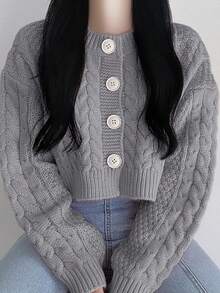 DAZY Women's Short Cardigan Sweater, Autumn/Winter - Grey - View 4