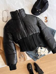 Teen Girls' Letter Print Cropped Padded Coat, Stand Collar Zip Up Casual Outerwear, Suitable For Daily Commute And Gatherings, Winter - Black - View 5