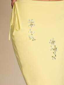 Enchnt Women's Yellow Sparkle Floral Rhinestone Knitted Pencil Long Knit Skirt,Elegant Party Chic Autumn Fall/Winter Fashionable For Vacation&Date&Wedding - Yellow - View 5