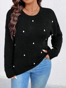 EMERY ROSE 大码优雅女式水貂毛皮串珠套头衫 - 黑色 - 查看 1