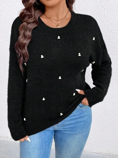 EMERY ROSE Plus Size Elegant Women Mink Fur Beaded Pullover Sweater