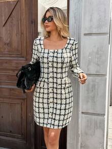 Chiquease Fashionable & Elegant Plaid Long Sleeve Midi Dress, Suitable For Commuting - Black and White - View 3