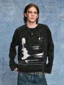 ROMWE MEN Grunge Punk Áo thun nam in họa tiết, dáng rộng, dáng croptop, mùa thu - màu đen - Xem 1