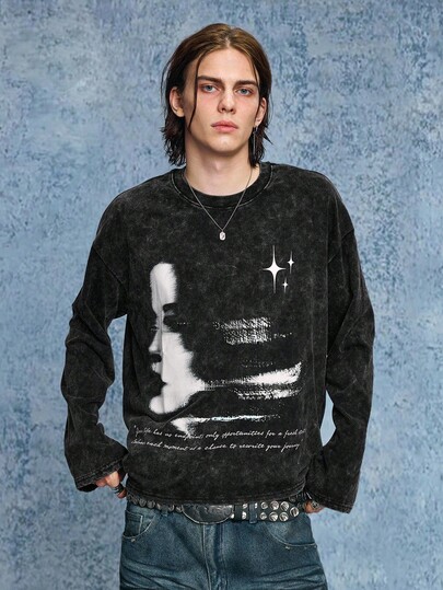 Grunge Punk قميص تي شيرت مطبوع مغسول للرجال، بتصميم فضفاض قصير، خريف