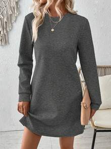 SHEIN LUNE Váy dài tay màu trơn đơn giản thường ngày - Màu xám đen - Xem 3