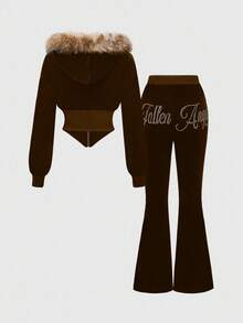 ROMWE J-Fashion 女式天鹅绒 Y2K 水钻拼布连帽领不对称下摆长袖上衣和喇叭裤 2 件套 - 咖啡棕 - 查看 2